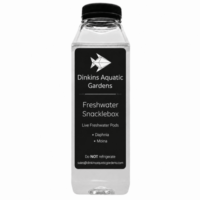 Dinkins Aquatic Gardens Freshwater Snacklebox label listing live daphnia and moina freshwater pods