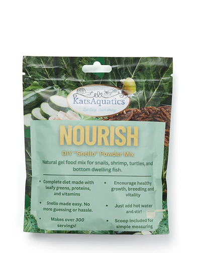 KatsAquatics Nourish DIY Snello powder mix bag, a natural gel food for snails, shrimp, and bottom feeders