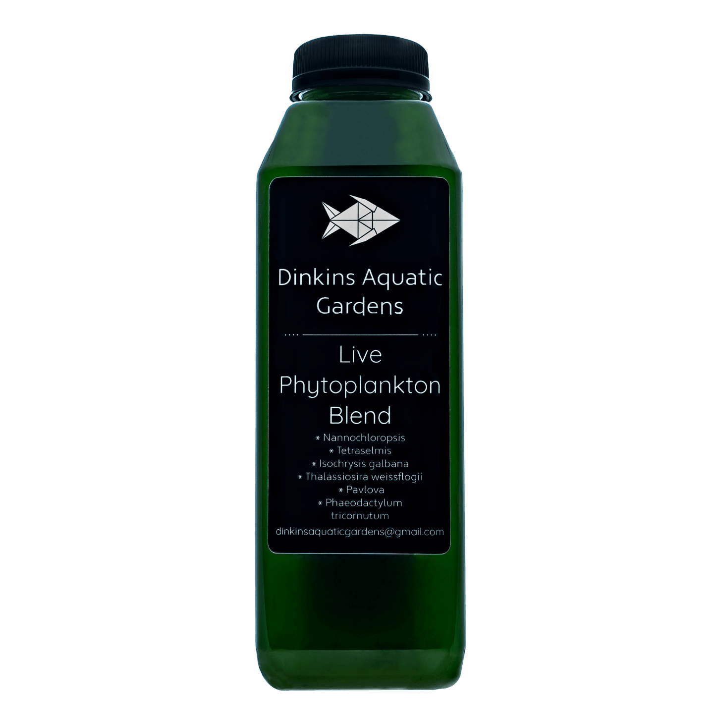 Dinkins Aquatic Gardens Live Phytoplankton Blend bottle, front label with six species list