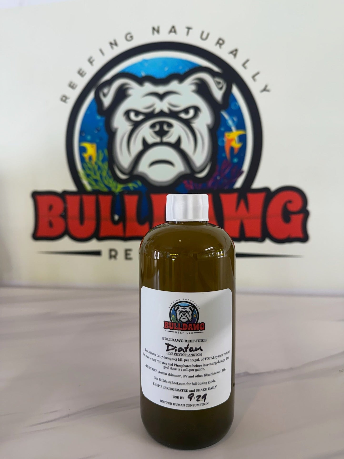 Bulldawg Reef Juice Diatom Blend bottle - live phytoplankton for saltwater reef tanks