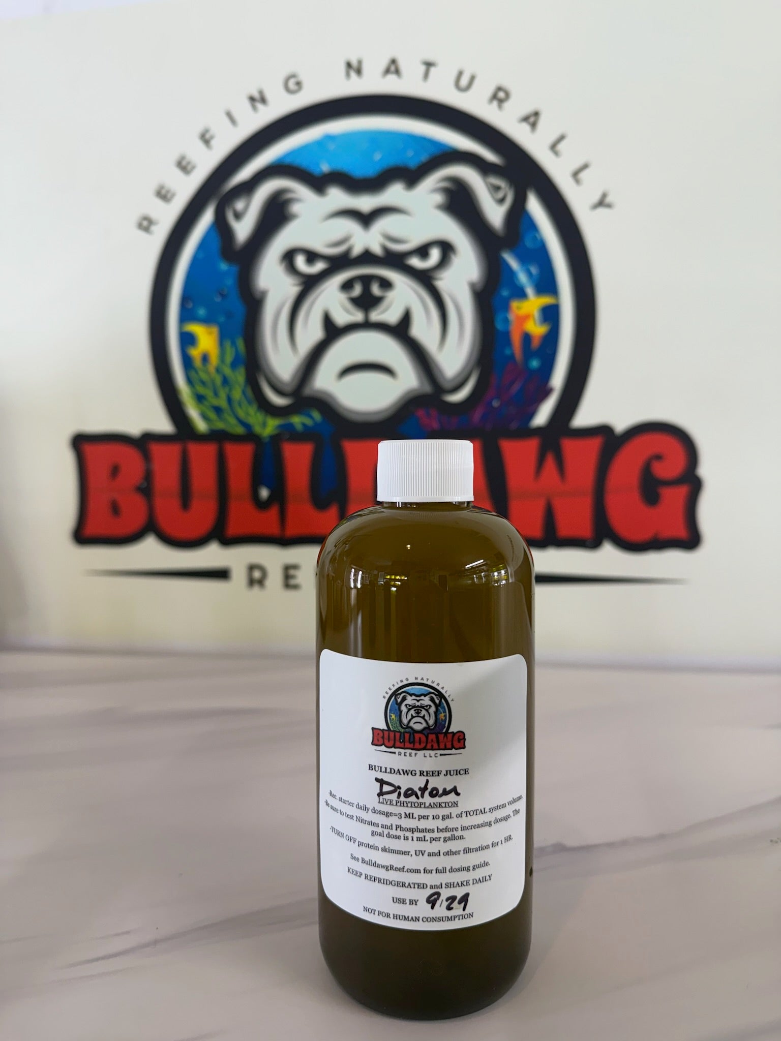 Bulldawg Reef Juice Diatom Blend bottle - live phytoplankton for saltwater reef tanks