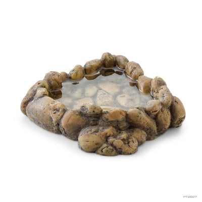 Exo Terra Corner Water Dish, a naturalistic pebble-look resin water bowl that fits into a terrarium corner