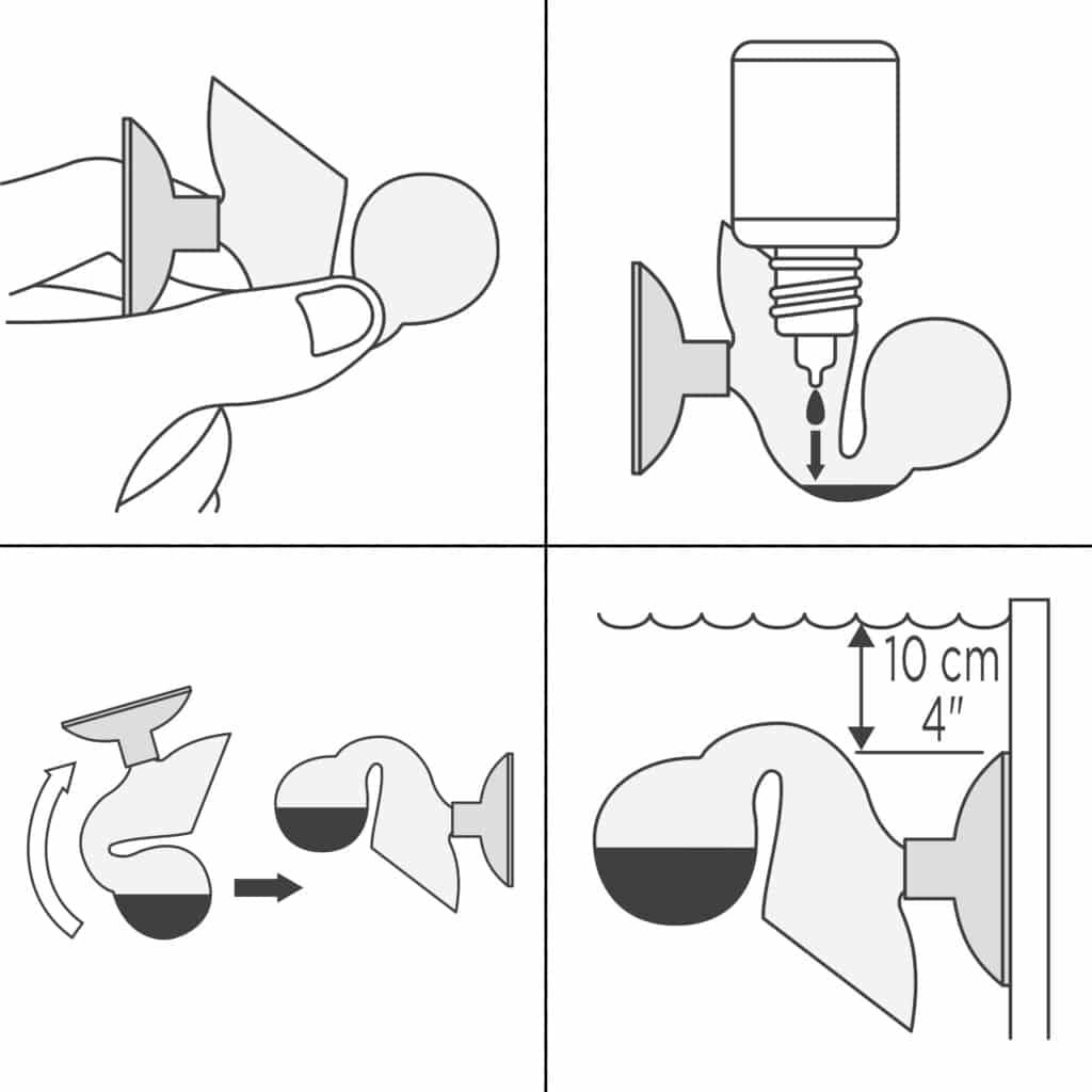 Fluval CO2 Indicator Set installation diagram: attach suction cup, add indicator drops, rotate upright, and mount about 10 cm below the water line