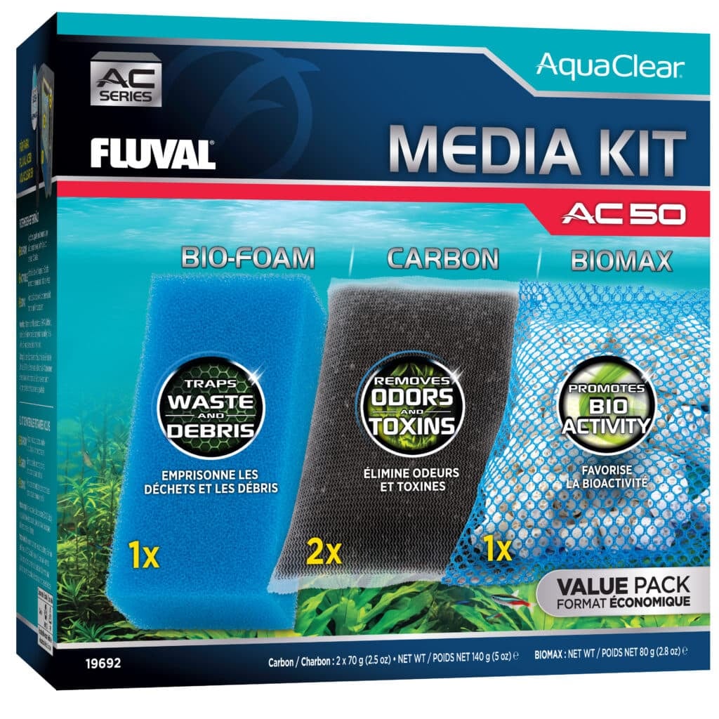 Fluval AquaClear AC50 Filter Media Kit box, value pack with one BioFoam, two Activated Carbon, and one BioMax insert for AquaClear 50 filters