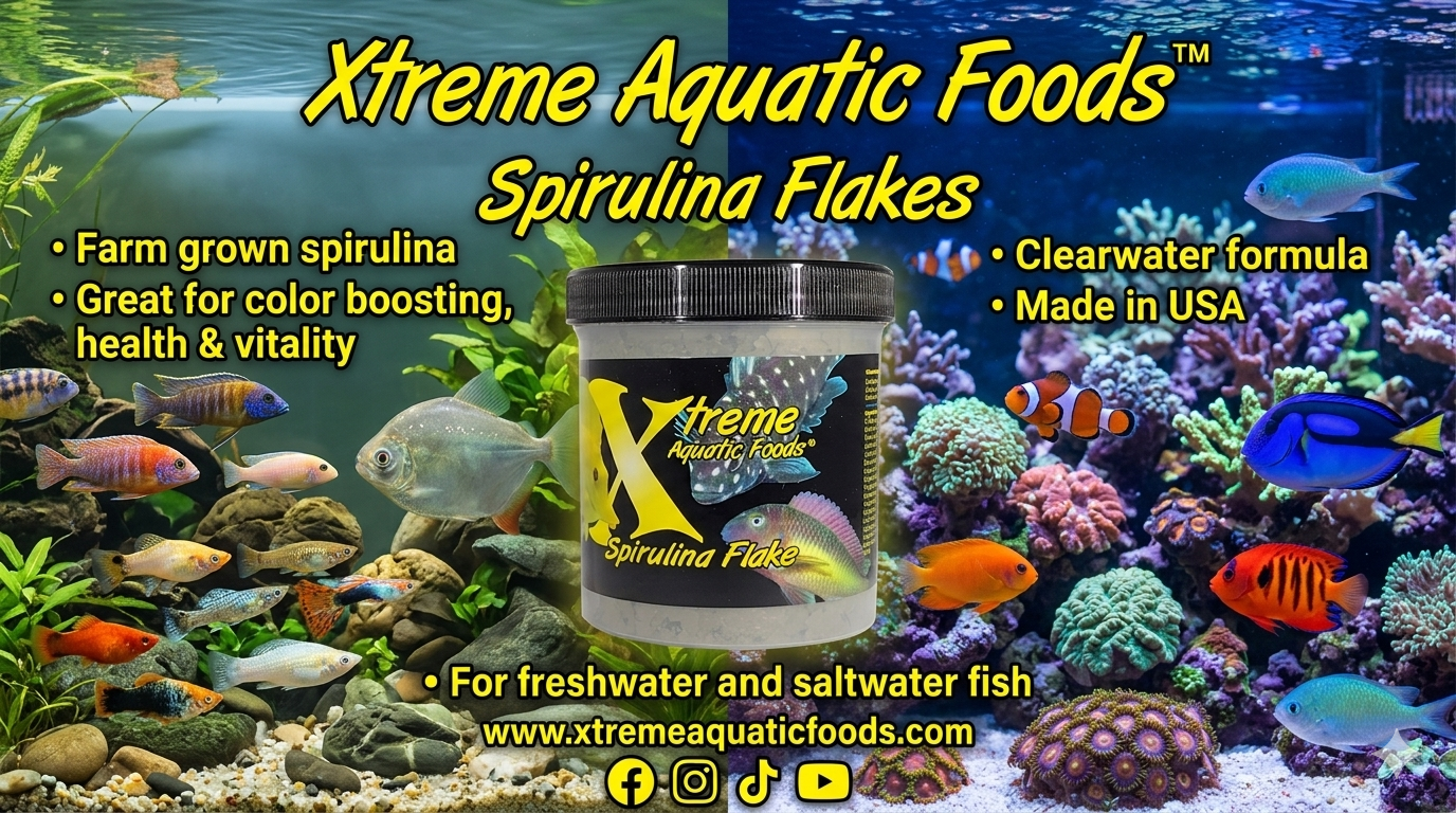 Xtreme Aquatic Foods Spirulina Flakes banner, farm-grown clearwater formula for freshwater and saltwater fish, made in USA