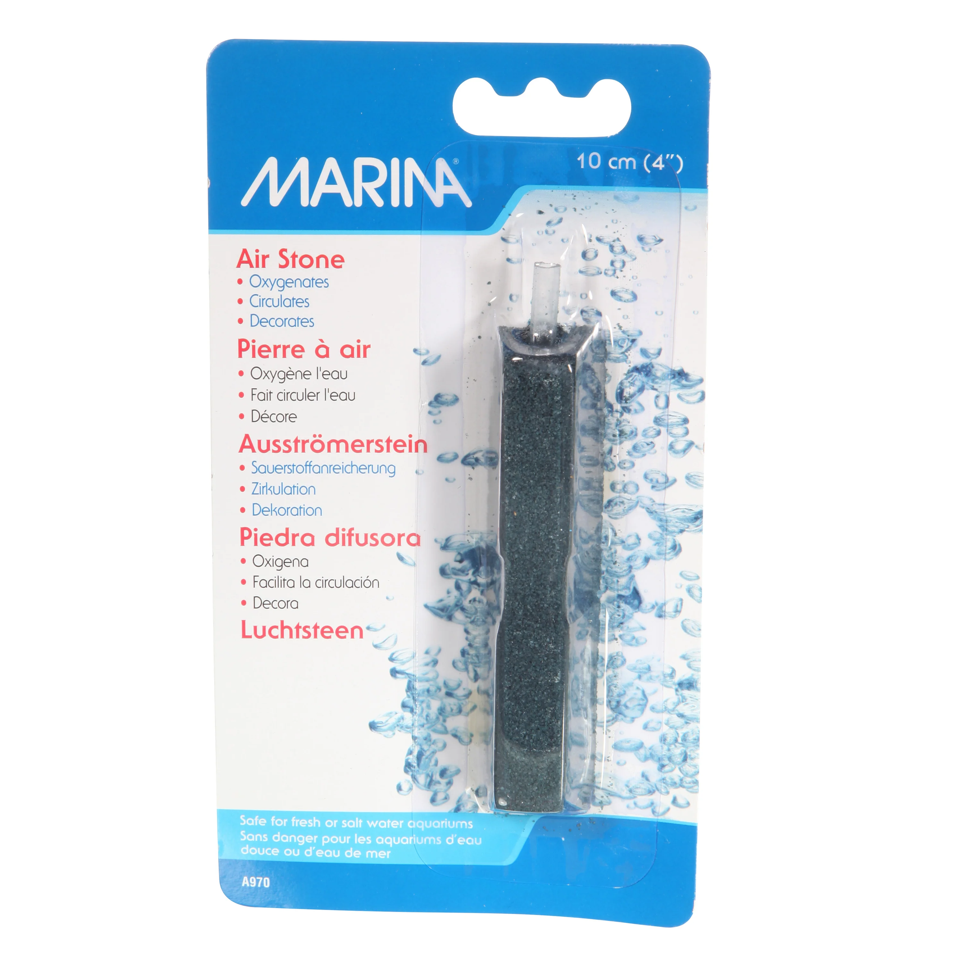 Marina Long Air Stone 4 inch blister pack, gray bar-shaped air diffuser stone that oxygenates and circulates fresh or saltwater aquariums