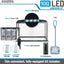 Marina 10G LED kit components labeled: integrated LED lighting, Slim S15 filter, Bio-Carb and Bio-Clear cartridges, net, thermometer, and 10 gallon glass aquarium
