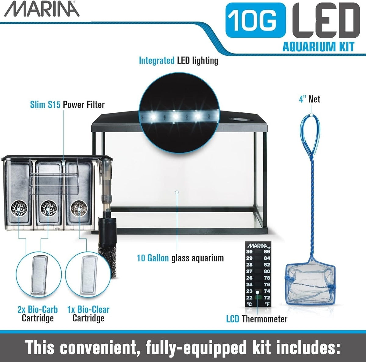 Marina 10G LED kit components labeled: integrated LED lighting, Slim S15 filter, Bio-Carb and Bio-Clear cartridges, net, thermometer, and 10 gallon glass aquarium