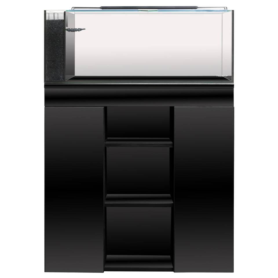 Aquatop Recife ECO empty aquarium on a black cabinet stand, front view