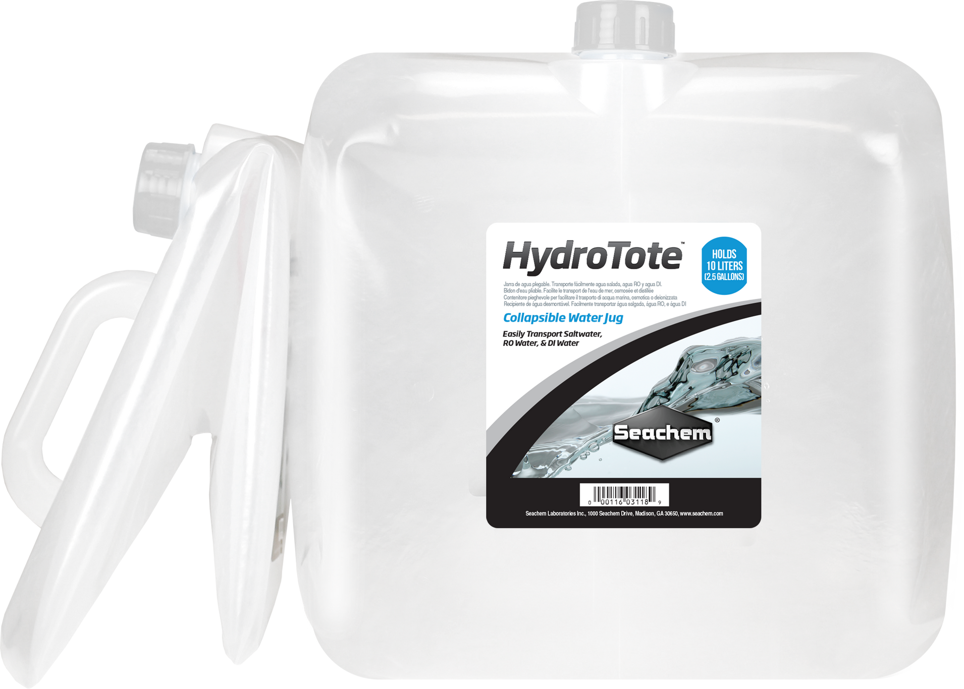 Seachem HydroTote collapsible water jug front label showing 10 liter 2.5 gallon capacity