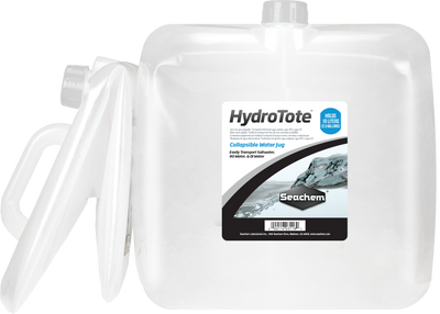 Seachem HydroTote collapsible water jug front label showing 10 liter 2.5 gallon capacity