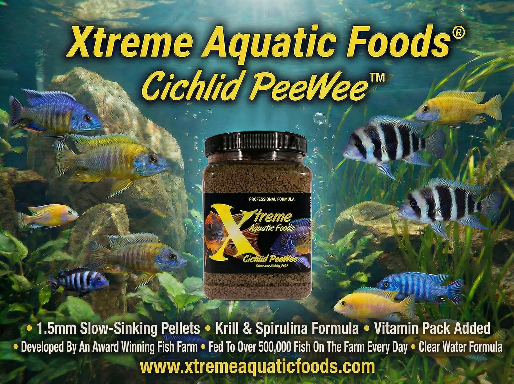 Xtreme Aquatic Foods Cichlid PeeWee 1.5mm slow-sinking pellet banner with African cichlids