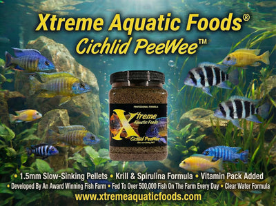 Xtreme Aquatic Foods Cichlid PeeWee 1.5mm slow-sinking pellet banner with African cichlids