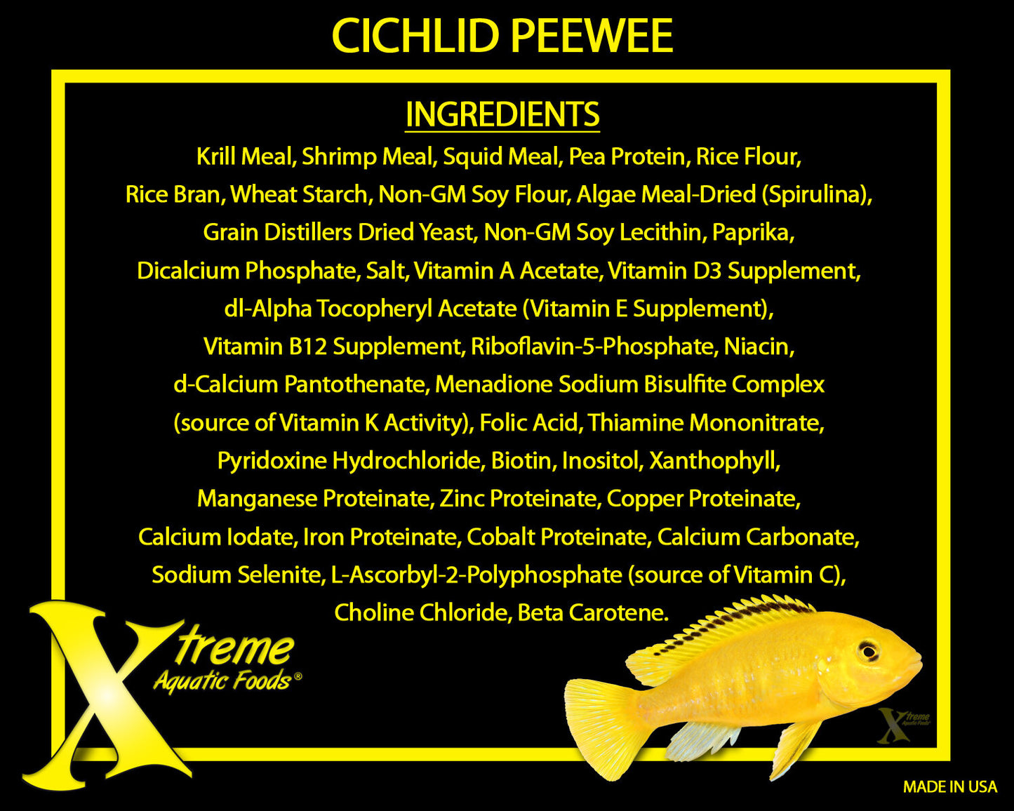 Xtreme Cichlid PeeWee ingredients list with krill, shrimp, squid, and spirulina