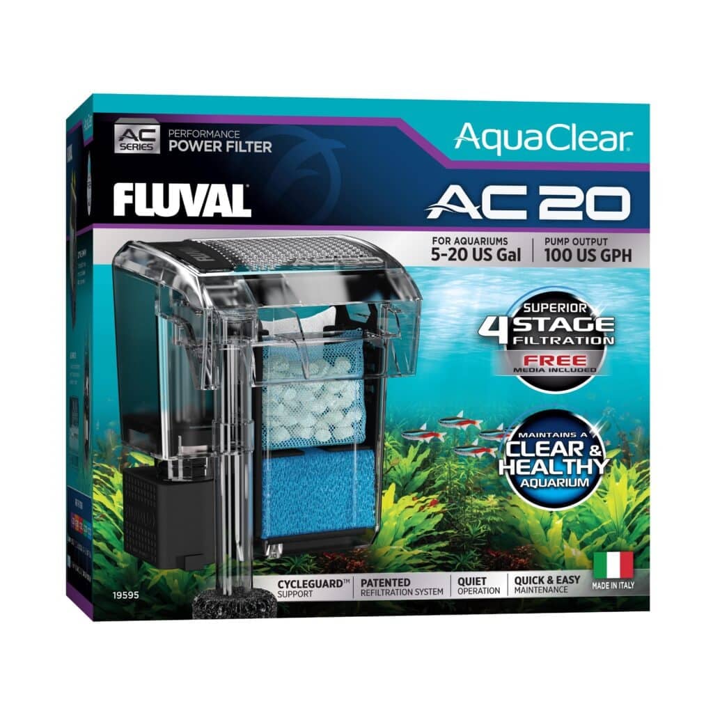 Fluval AquaClear AC 20 power filter box, a hang-on-back aquarium filter with 4-stage filtration for 5 to 20 gallon tanks