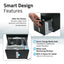Smart design features panel showing the black Kühl's slide-out filtration drawer, media pads, water-level window, and heater space