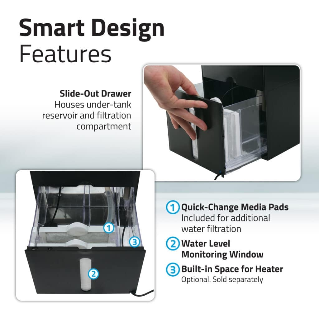 Smart design features panel showing the black Kühl's slide-out filtration drawer, media pads, water-level window, and heater space