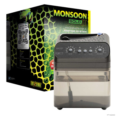 Exo Terra Monsoon Solo II programmable reptile misting system, retail box and unit