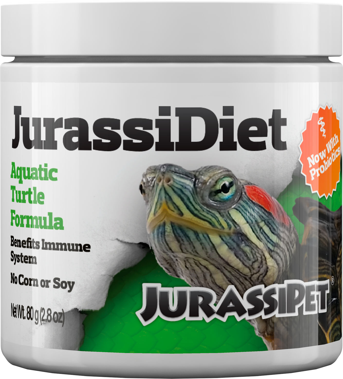 JurassiDiet Aquatic Turtle Formula with probiotics, 80 g jar, front label