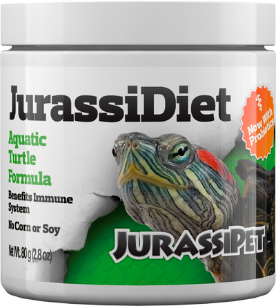 JurassiDiet Aquatic Turtle Formula with probiotics, 80 g jar, front label
