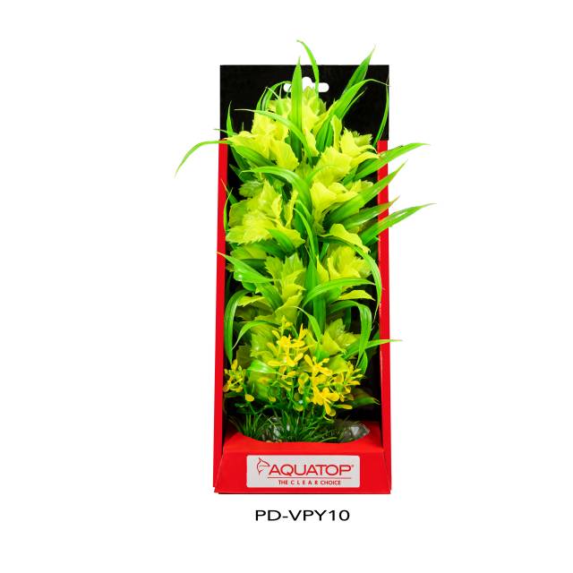 Aquatop Vibrant Passion Yellow 10 inch artificial aquarium plant in its package