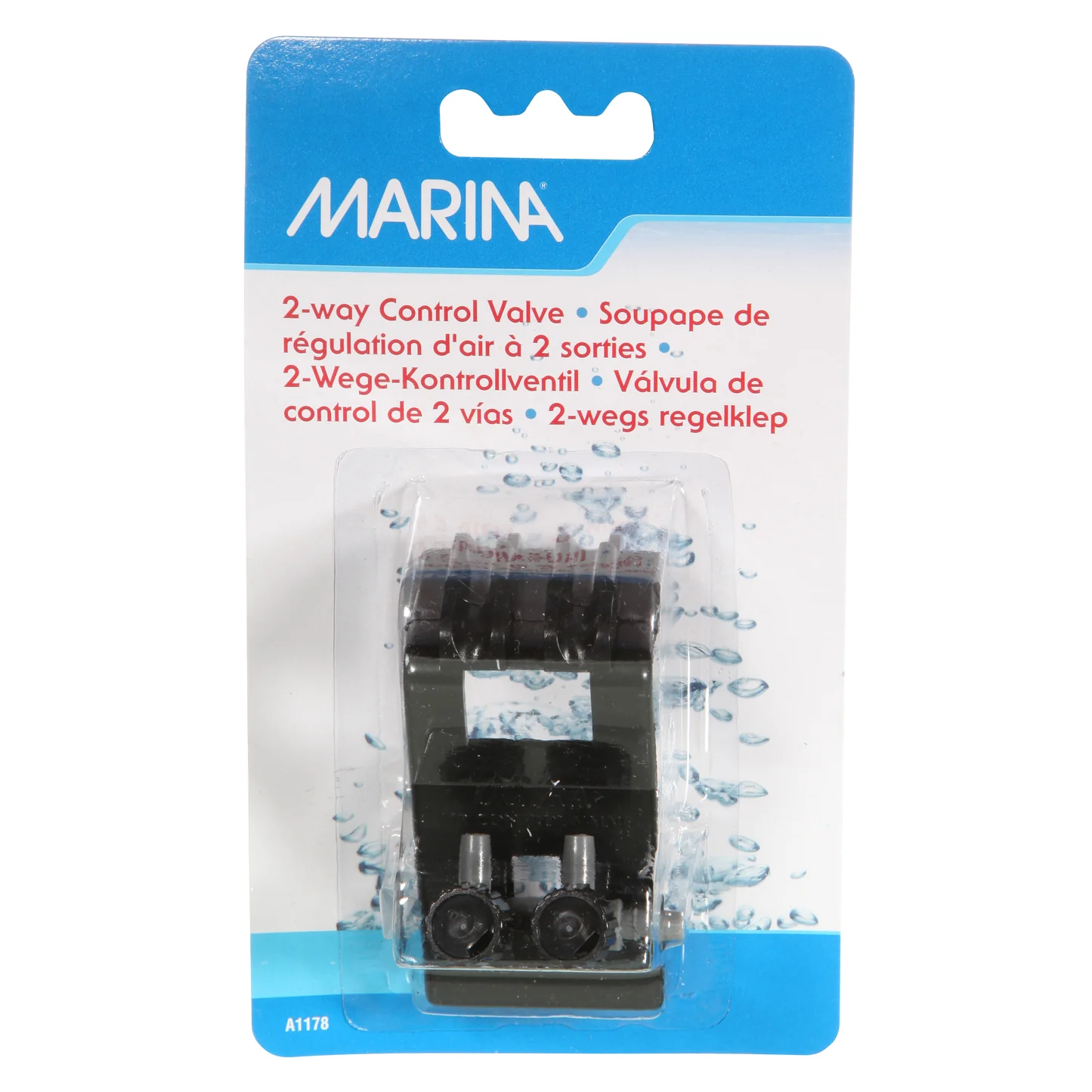 Marina 2-Way Air Control Valve A1178 in blister packaging, black gang valve with two adjustable outlets