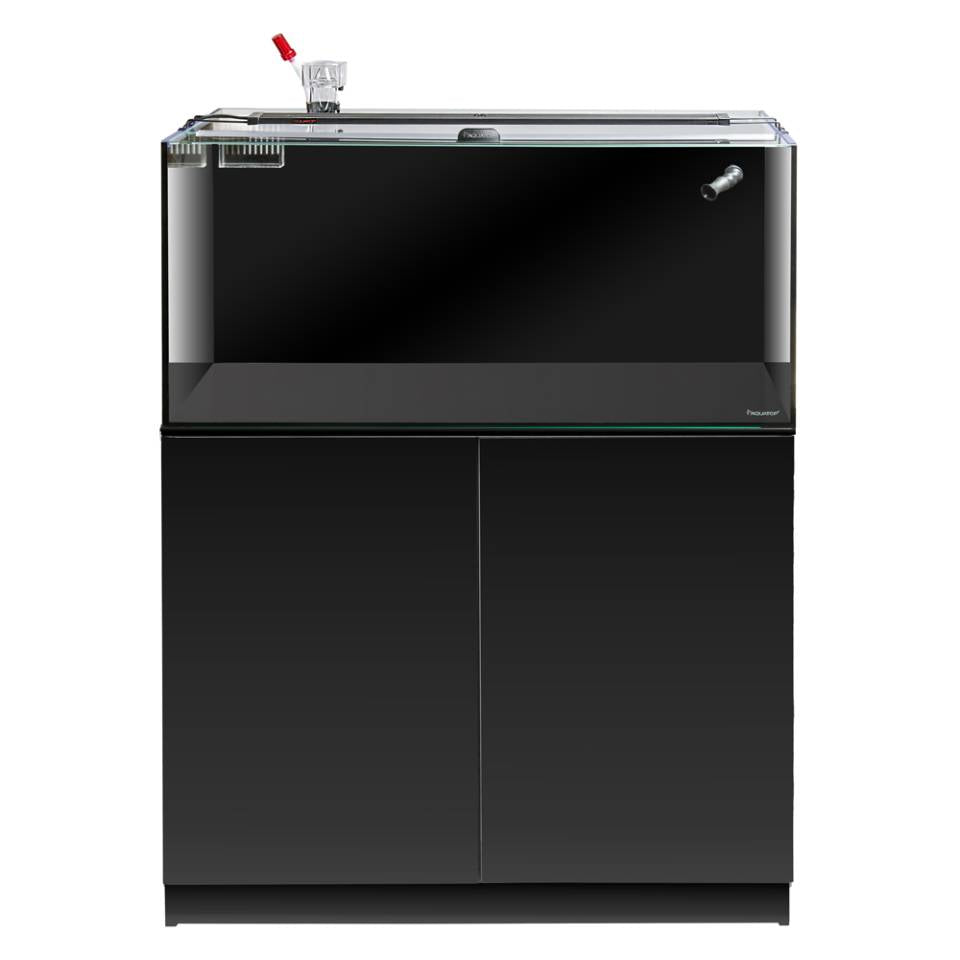 Aquatop Recife ECO aquarium showing the rear filter box on a black cabinet stand