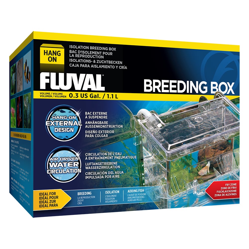 Fluval Hang-On Breeding Box packaging, a clear external hang-on box with air-driven water circulation for breeding fish, isolating fry, and acclimating new arrivals
