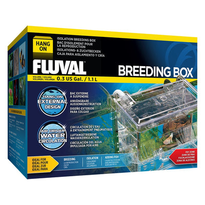 Fluval Hang-On Breeding Box packaging, a clear external hang-on box with air-driven water circulation for breeding fish, isolating fry, and acclimating new arrivals