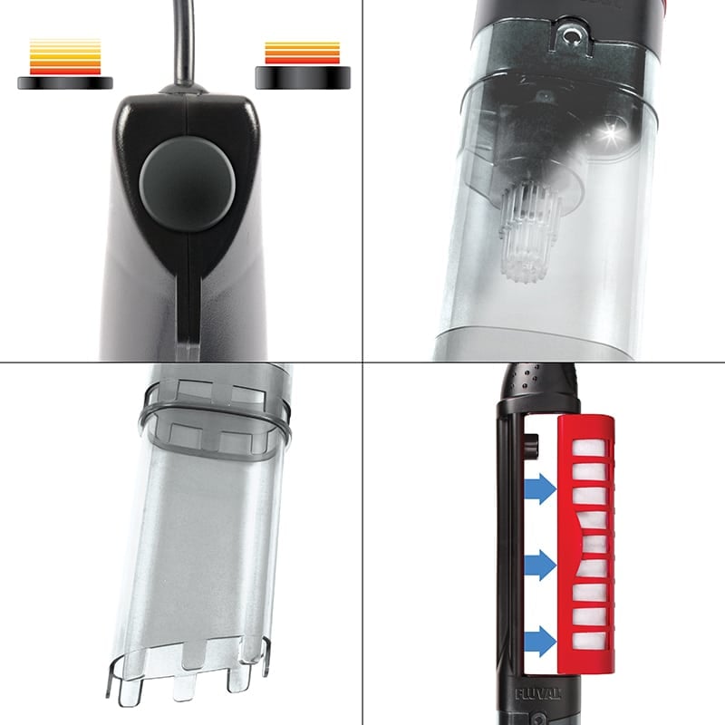 Fluval ProVac gravel cleaner features, 2-speed handle, debris chamber, and filter cartridge