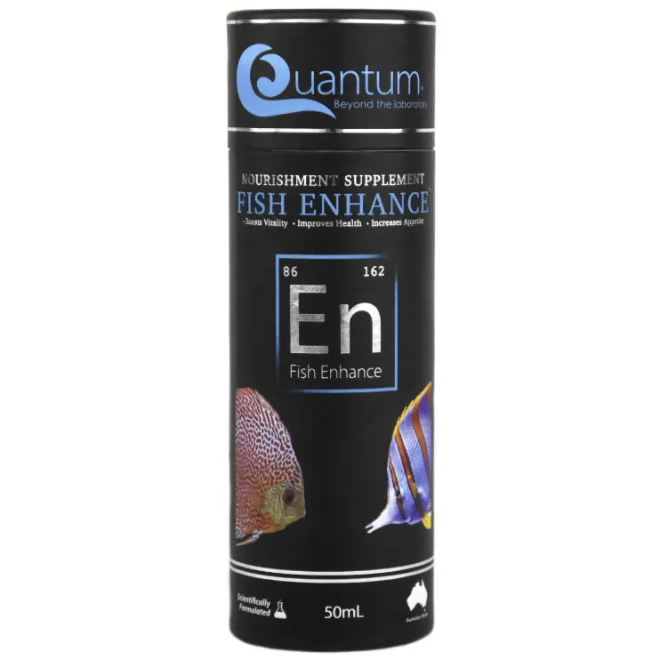 Quantum Fish Enhance 50 mL bottle, a garlic-based nourishment supplement and food soak for marine and freshwater aquarium fish