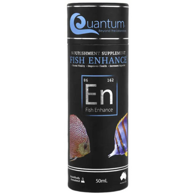 Quantum Fish Enhance 50 mL bottle, a garlic-based nourishment supplement and food soak for marine and freshwater aquarium fish