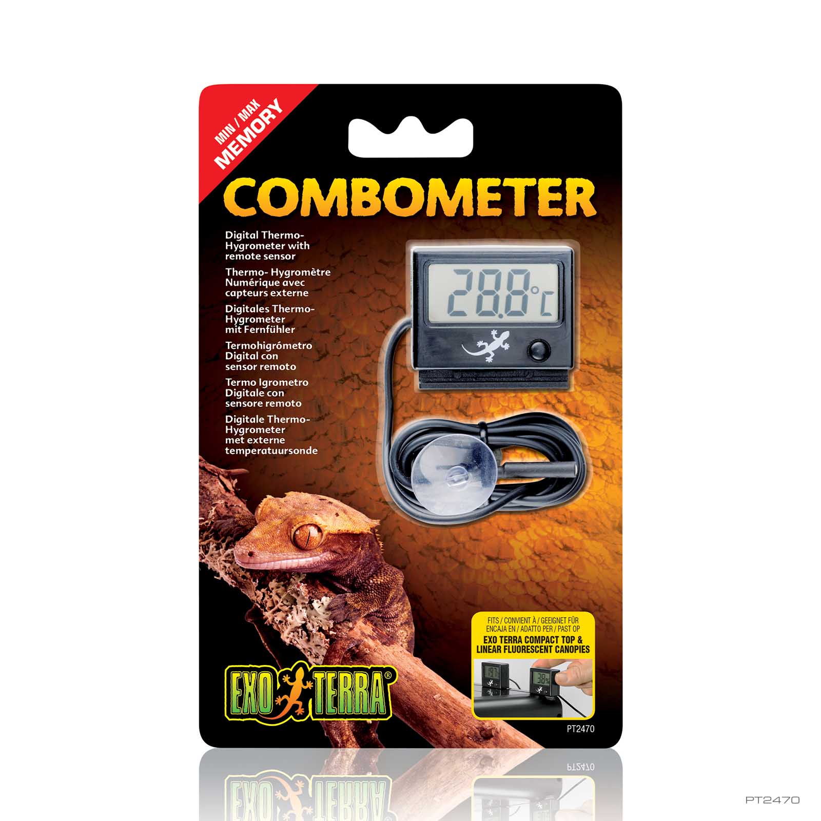 Exo Terra Digital Combometer thermo-hygrometer in retail packaging with the display and remote sensor probe