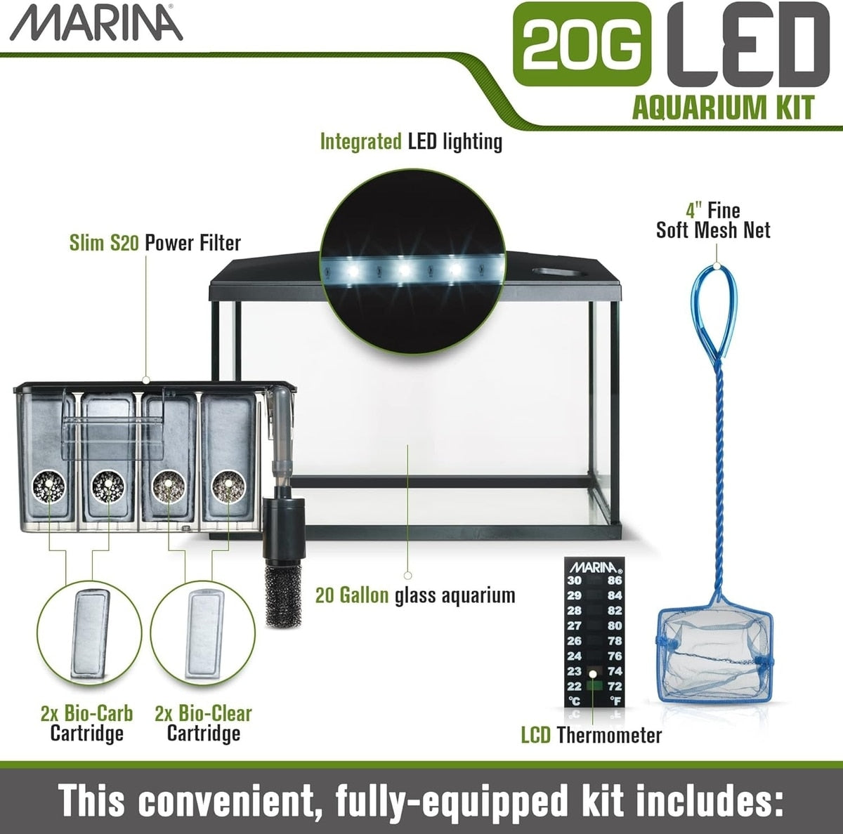 Marina 20G LED kit components labeled: integrated LED lighting, Slim S20 filter, Bio-Carb and Bio-Clear cartridges, net, thermometer, and 20 gallon glass aquarium