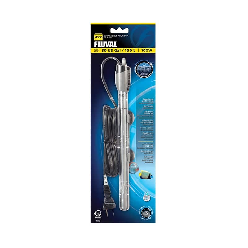 Fluval M100 mirror-glass aquarium heater in blister packaging, up to 30 US gallons, 100 watts