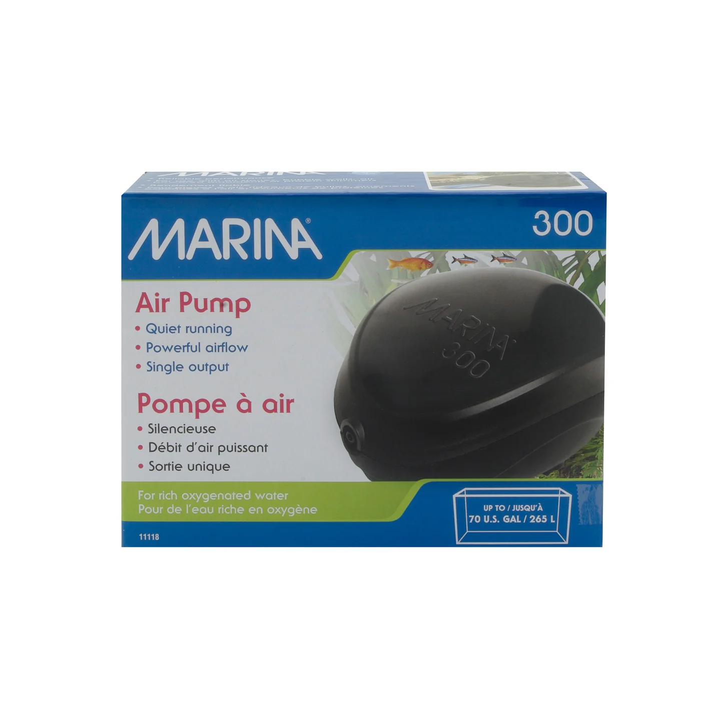 Marina Air Pump 300 box, single-output aquarium air pump for tanks up to 70 gallons, freshwater or saltwater
