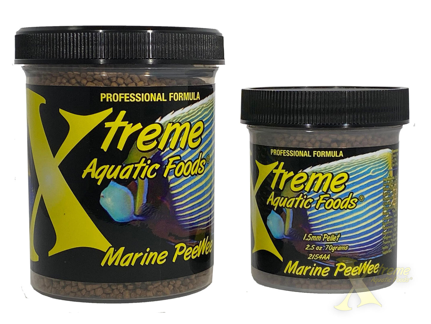 Xtreme Marine PeeWee slow-sinking pellet shown in 2.5 oz and 5 oz jars