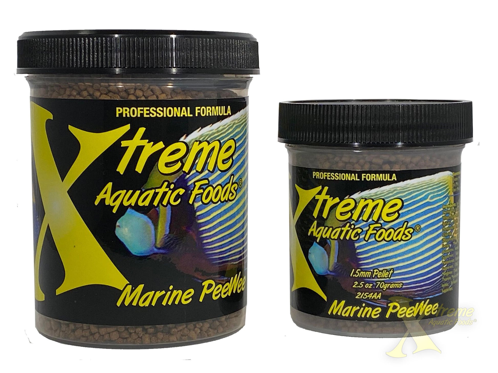 Xtreme Marine PeeWee slow-sinking pellet shown in 2.5 oz and 5 oz jars