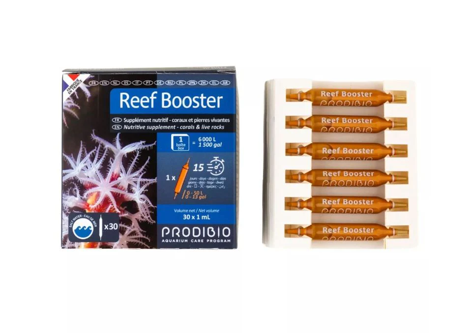 Prodibio Reef Booster box with 30 single-dose vials, reef coral color and growth supplement