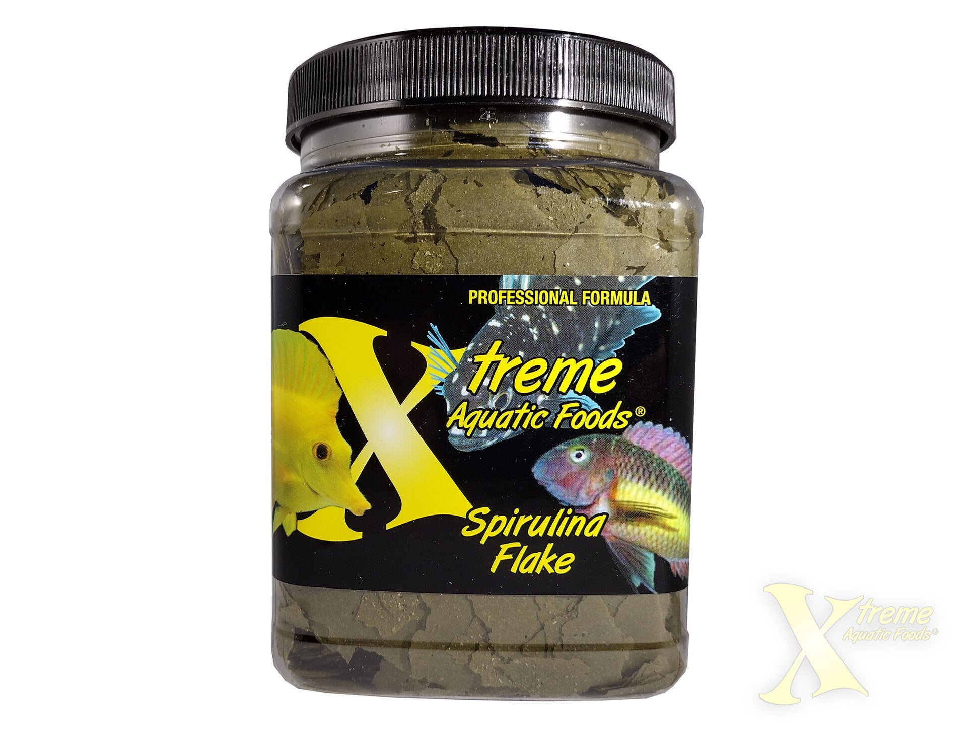 Xtreme Spirulina Flake jar showing olive-green flakes through the container