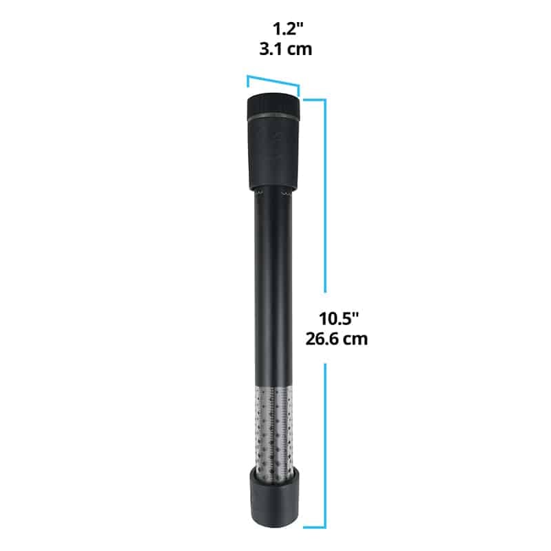 Fluval T100 electronic heater dimensions diagram, 10.5 inches tall with a top control dial