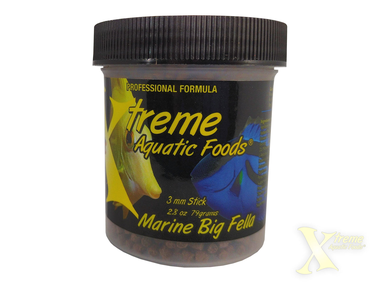 Xtreme Aquatic Foods Marine Big Fella 3mm slow-sinking pellets, krill-based jar food for larger saltwater fish like tangs, angelfish, and wrasses