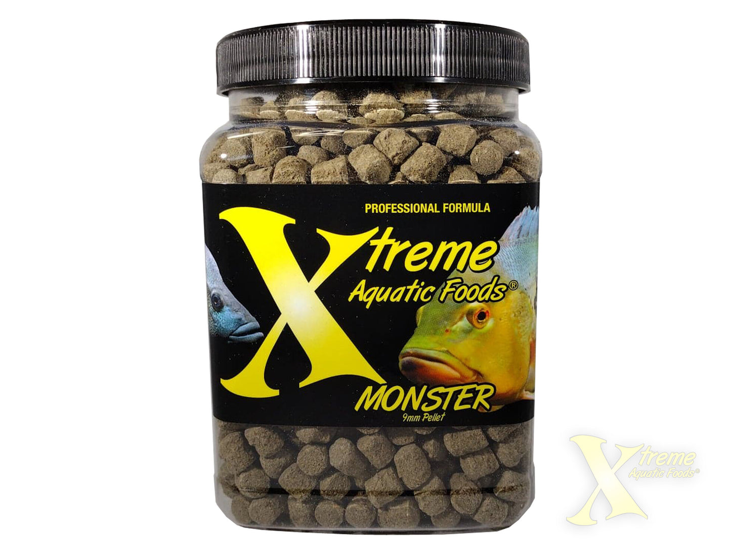 Xtreme Aquatic Foods Monster 9mm sinking pellets shown inside the clear jar