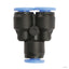 Exo Terra Monsoon Y-Connector, black push-fit tubing splitter with blue collars