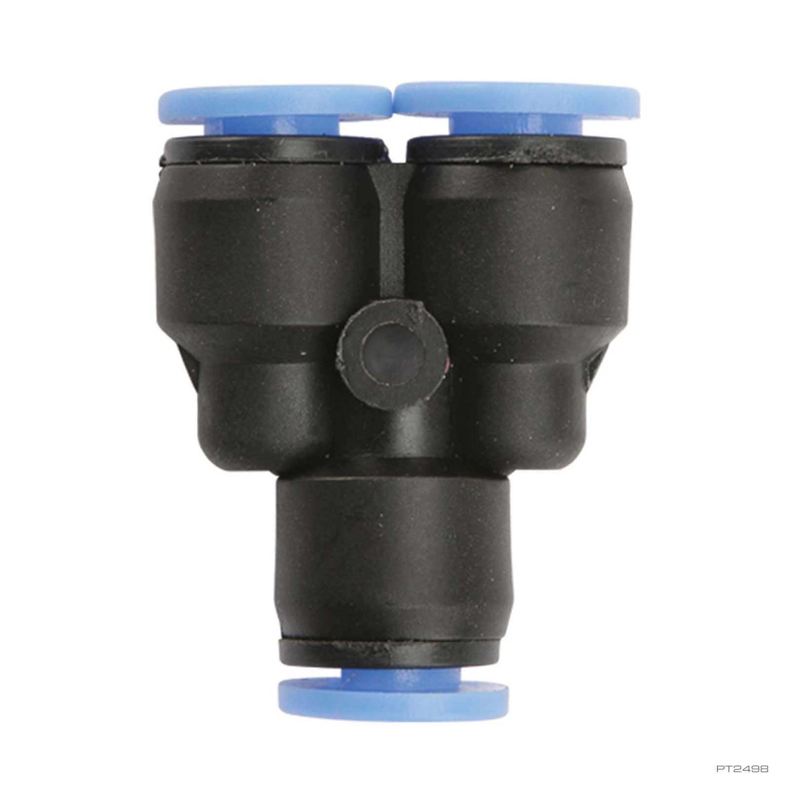 Exo Terra Monsoon Y-Connector, black push-fit tubing splitter with blue collars