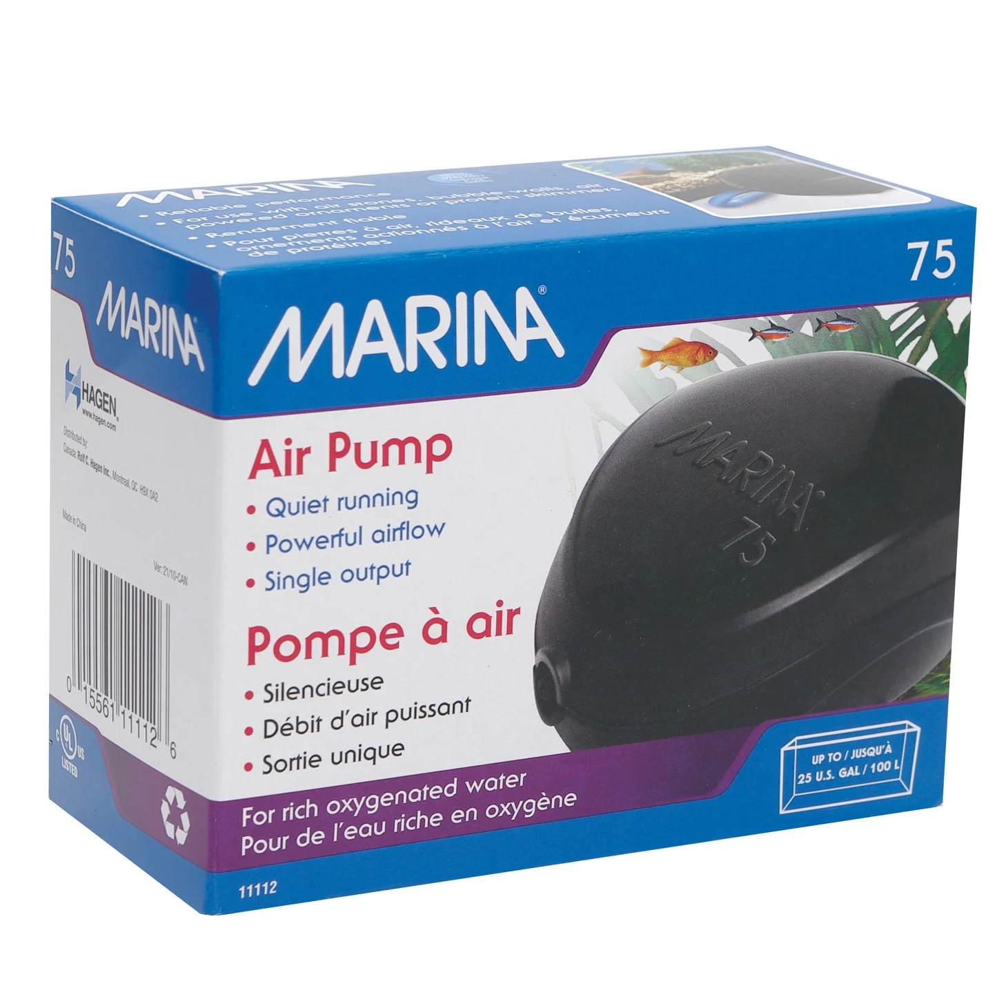 Marina Air Pump 75 box, single-output aquarium air pump for tanks up to 25 gallons, freshwater or saltwater