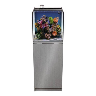 Aquatop Recife ECO reef aquarium stocked with coral on a gray cabinet stand