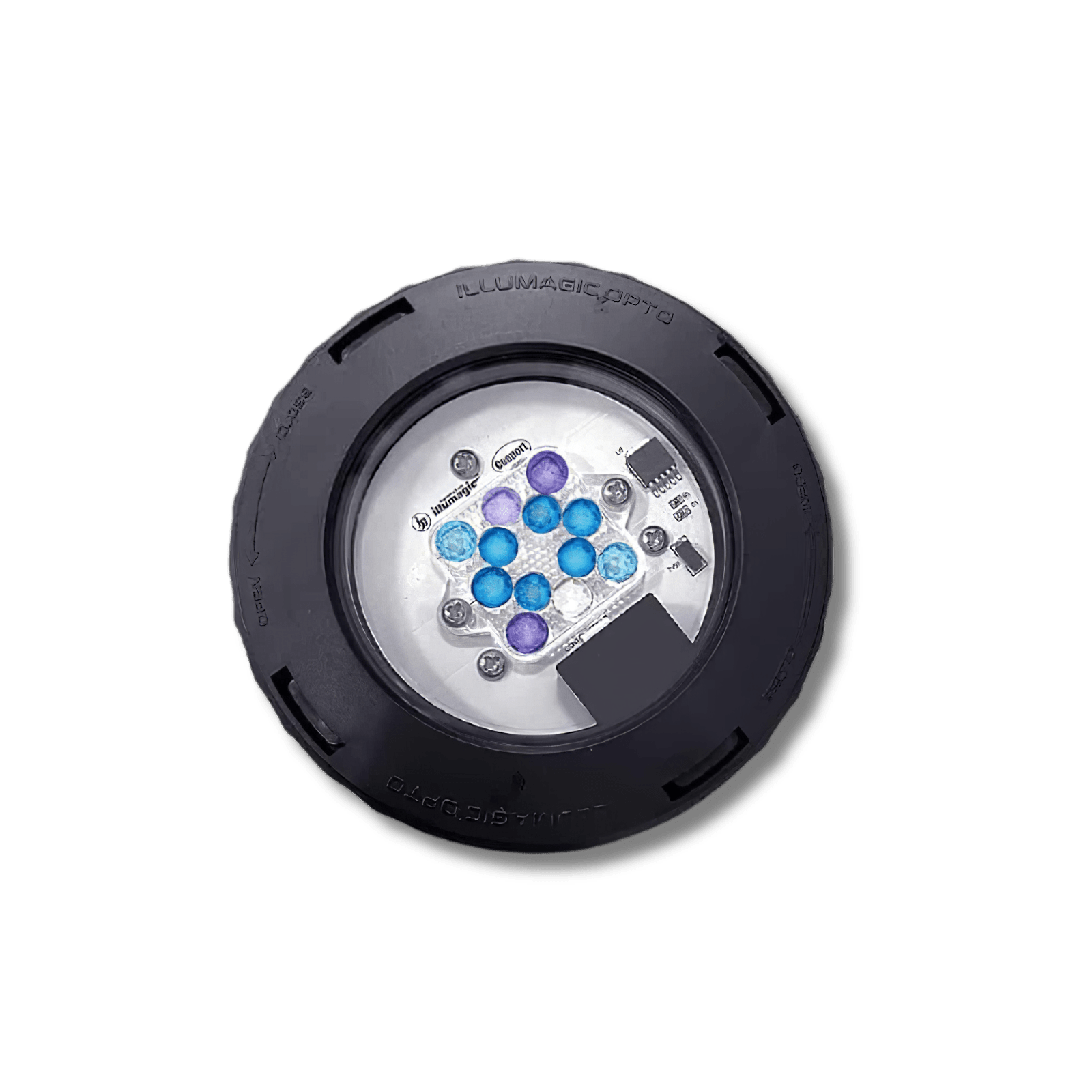 Dalua Illumagic Pixel modular LED light face showing blue and violet reef LEDs