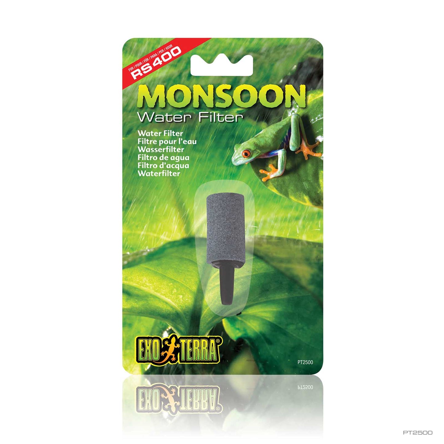 Exo Terra Monsoon Water Filter in retail packaging showing the cylindrical filter element