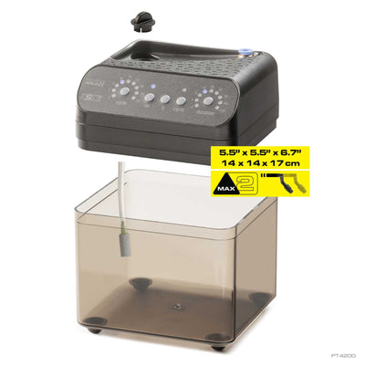 Exo Terra Monsoon Solo II misting unit and reservoir, shown with unit dimensions and 2 nozzle maximum